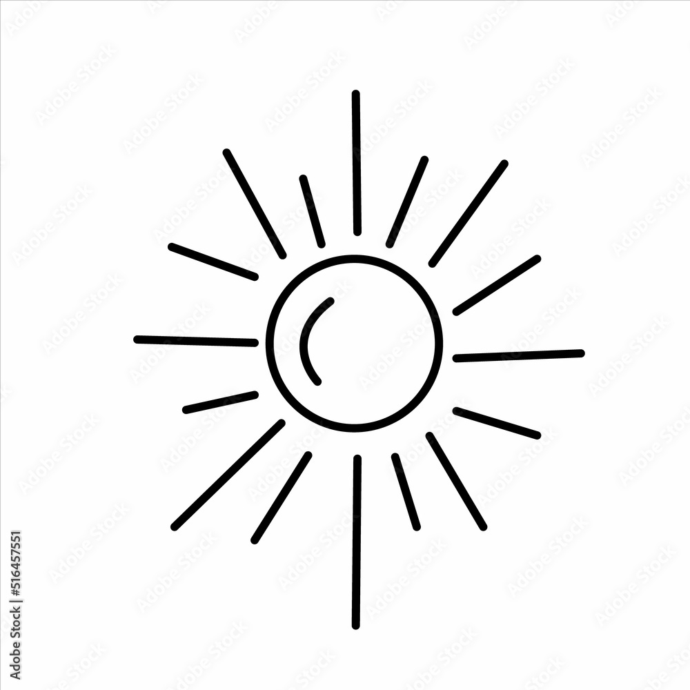 Vector black outline sun with direct rays. Summer, vacation theme.