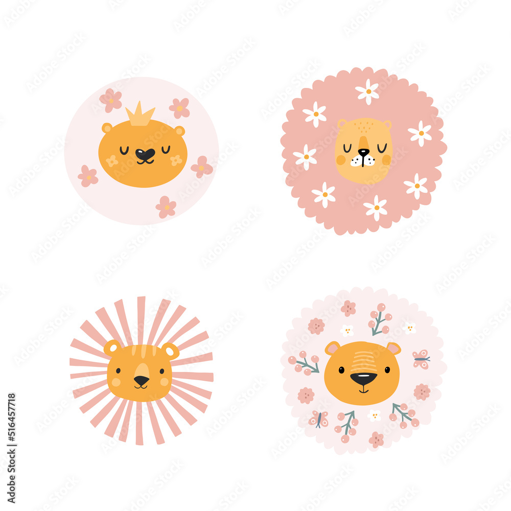 Cute lions with floral elements. Modern vector illustration. Jungle life clipart. Vector illustration. Funny doodle animals. Cute lions with floral elements. Modern vector illustration. Jungle life clipart. Vector illustration. Funny doodle animals.