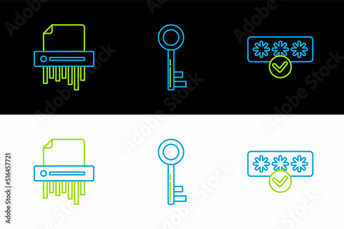 Set line Password protection and safety access, Paper shredder confidential and Key icon. Vector