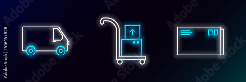 Set line Envelope, Delivery cargo truck vehicle and Hand and boxes icon. Glowing neon. Vector