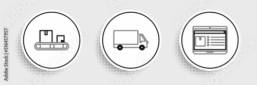 Set line Laptop with app delivery tracking, Conveyor belt cardboard box and Delivery cargo truck vehicle icon. Vector