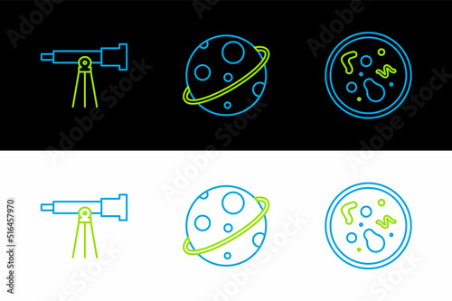 Set line Bacteria, Telescope and Planet icon. Vector