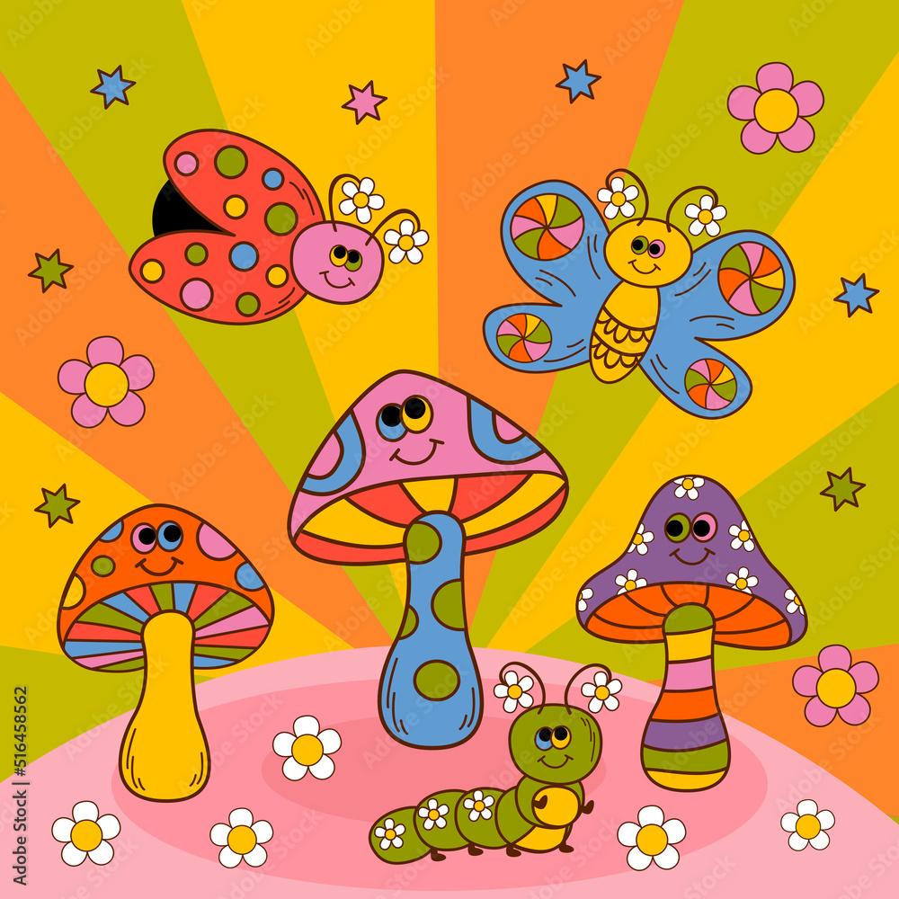 Fototapeta premium cute poster with smiling mushrooms and insect