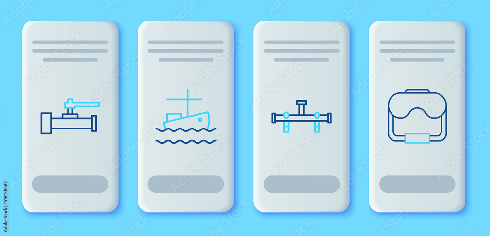 Set line Fishing boat on water, Manifold, Industry metallic pipes and valve and Diving mask icon. Vector