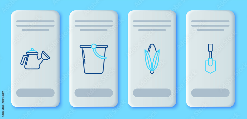 Set line Bucket, Corn, Watering can and Shovel icon. Vector