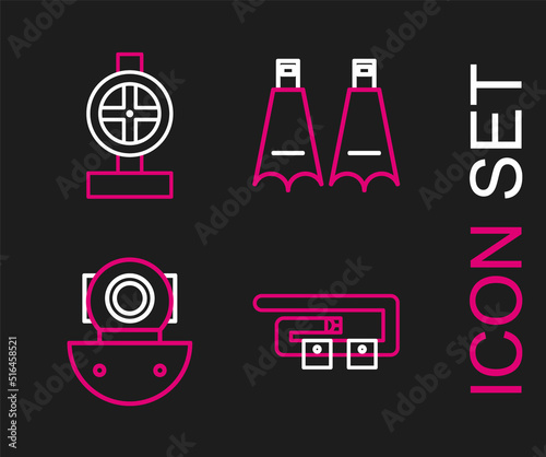 Set line Diving belt, Aqualung, Rubber flippers for swimming and Industry metallic pipes and valve icon. Vector