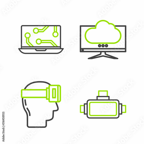 Set line Virtual reality glasses, Computer monitor screen and Laptop icon. Vector