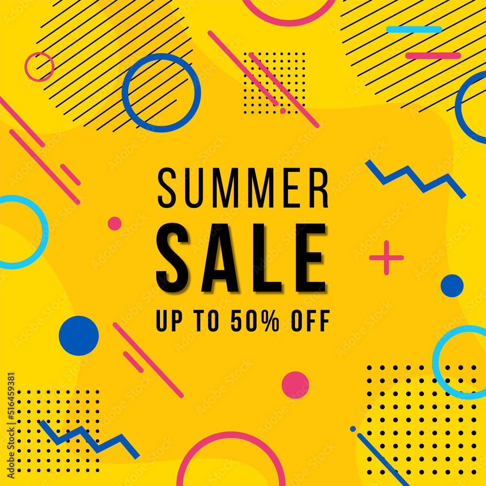 Summer sale banner with geometric forms, lines and dots in trendy memphis style. Invitation for shopping with 50 percent off. Summer sale banner with geometric forms, lines and dots in trendy memphis style. Invitation for shopping with 50 percent off.