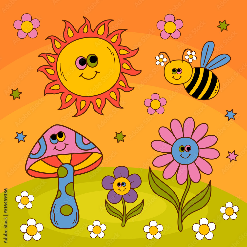 cute poster with smiling sun, flowers, bee, mushroom cute poster with smiling sun, flowers, bee, mushroom