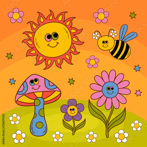 cute poster with smiling sun, flowers, bee, mushroom © nataka