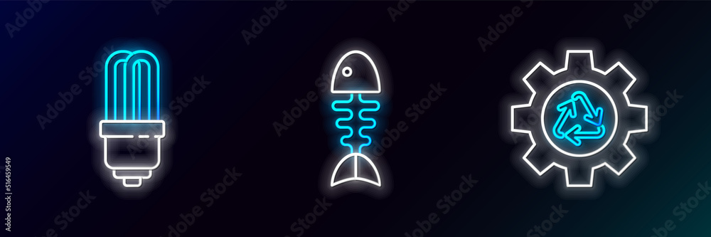Set line Recycle symbol and gear, LED light bulb and Fish skeleton icon. Glowing neon. Vector Set line Recycle symbol and gear, LED light bulb and Fish skeleton icon. Glowing neon. Vector