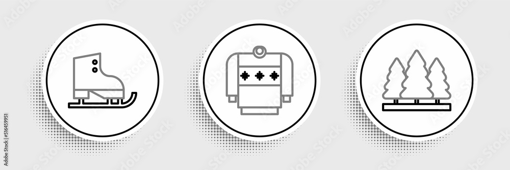 Set line Christmas trees, Figure skates and sweater icon. Vector Set line Christmas trees, Figure skates and sweater icon. Vector