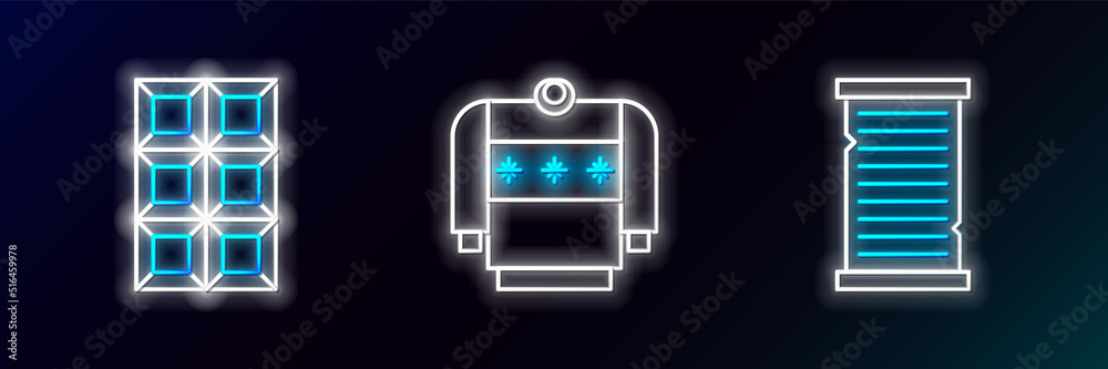 Set line Christmas wish list template, Chocolate bar and sweater icon. Glowing neon. Vector