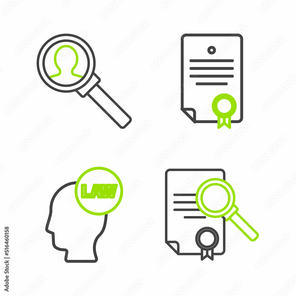 Set line Document with search, Head law, Certificate template and Magnifying glass for icon. Vector Set line Document with search, Head law, Certificate template and Magnifying glass for icon. Vector