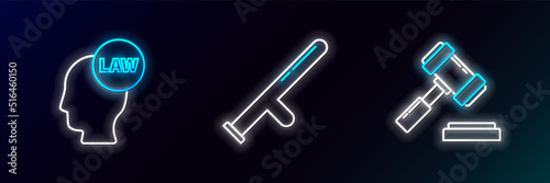 Set line Judge gavel, Head with law and Police rubber baton icon. Glowing neon. Vector