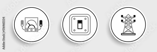 Set line High voltage power pole line, Ampere meter, multimeter, voltmeter and Electric light switch icon. Vector