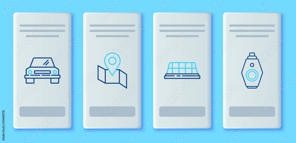 Set line Folded map with location marker, Taxi car roof, Car and key remote icon. Vector