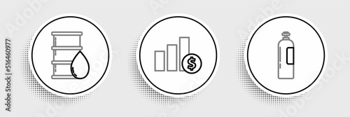 Set line Industrial gas cylinder tank, Barrel oil and Pie chart infographic and dollar icon. Vector