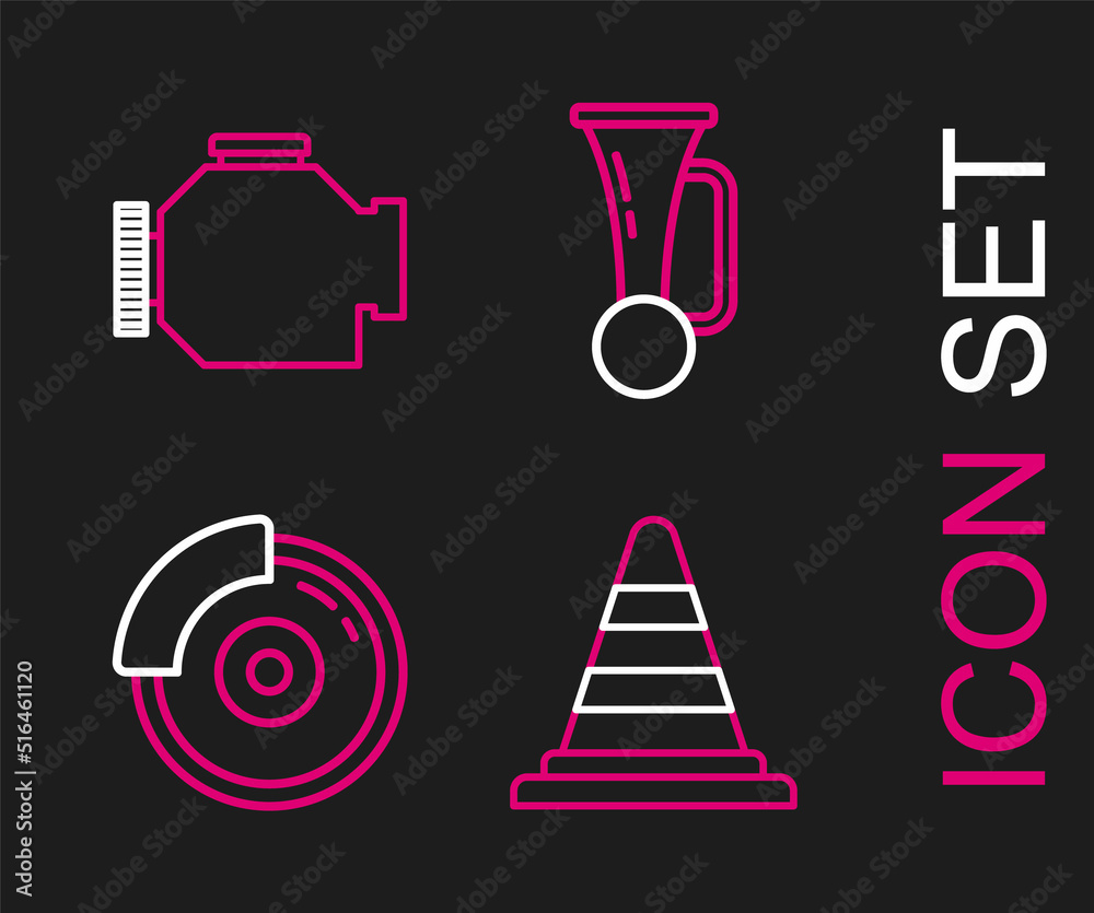 Set line Traffic cone, Car brake disk with caliper, Signal horn vehicle and Check engine icon. Vector Set line Traffic cone, Car brake disk with caliper, Signal horn vehicle and Check engine icon. Vector