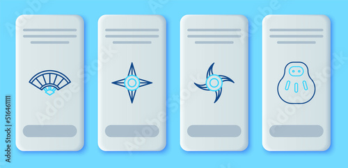 Set line Japanese ninja shuriken, Paper chinese or japanese folding fan and Maneki neko cat icon. Vector