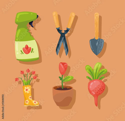 six gardening accessories icons