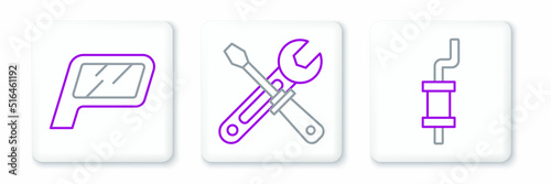 Set line Car muffler, mirror and Screwdriver and wrench tools icon. Vector