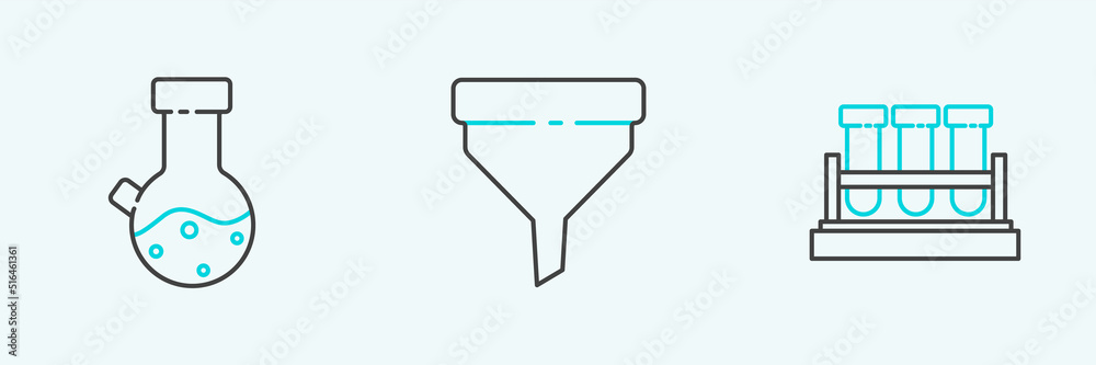 Set line Test tube and flask chemical, and Funnel or filter icon. Vector Set line Test tube and flask chemical, and Funnel or filter icon. Vector