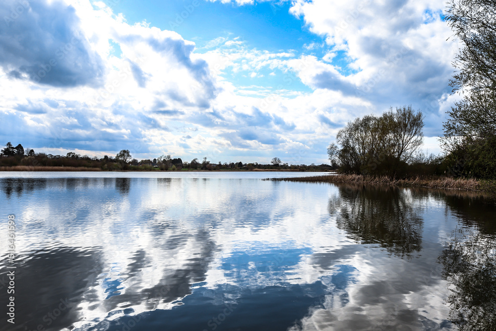 Relaxing Lake walk with trees and blue sky