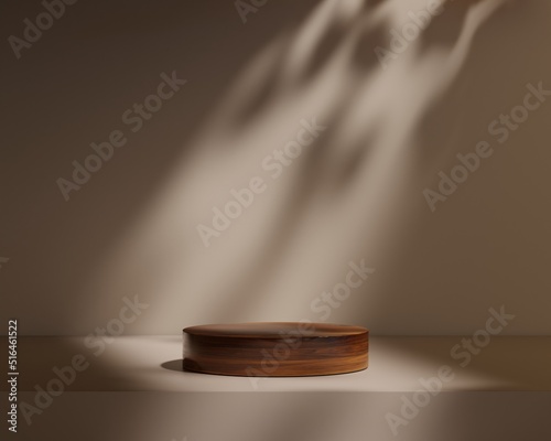 Fototapeta Naklejka Na Ścianę i Meble -  Minimal cylinder wood pedestal or podium for product showcase. Cosmetic stand pedestal. Beige background. Leaf shadows. Empty stage. 3d render illustration