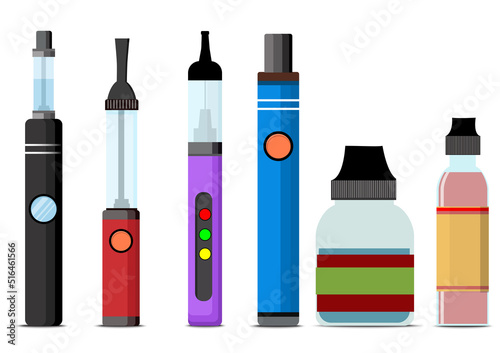 Electronic Cigarettes and accessories icons set. Vaping device and bottles with vape liquid. Liquid cotton,Pincers vape,Vape Pen,Vector E-cigarette and Flat vector.