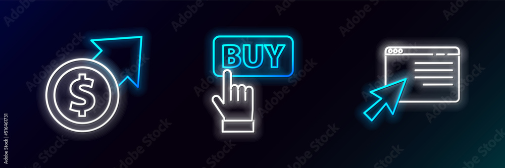 Set line Online shopping on screen, Financial growth and coin and Buy button icon. Glowing neon. Vector Set line Online shopping on screen, Financial growth and coin and Buy button icon. Glowing neon. Vector