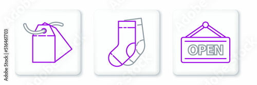 Set line Hanging sign with Open, Blank label template price tag and Socks icon. Vector