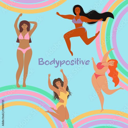 Happy girls in swimsuits of different nationalities and rainbows. Body positive movement and feminism, mental health and good vibes.