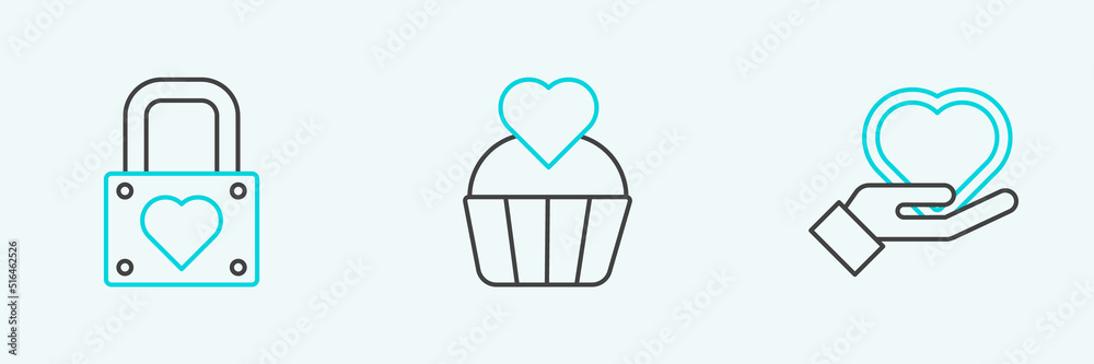 Set line Heart on hand, Lock heart and Wedding cake with icon. Vector Set line Heart on hand, Lock heart and Wedding cake with icon. Vector