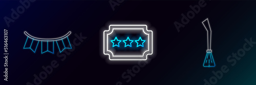 Set line Witches broom, Carnival garland with flags and Ticket icon. Glowing neon. Vector