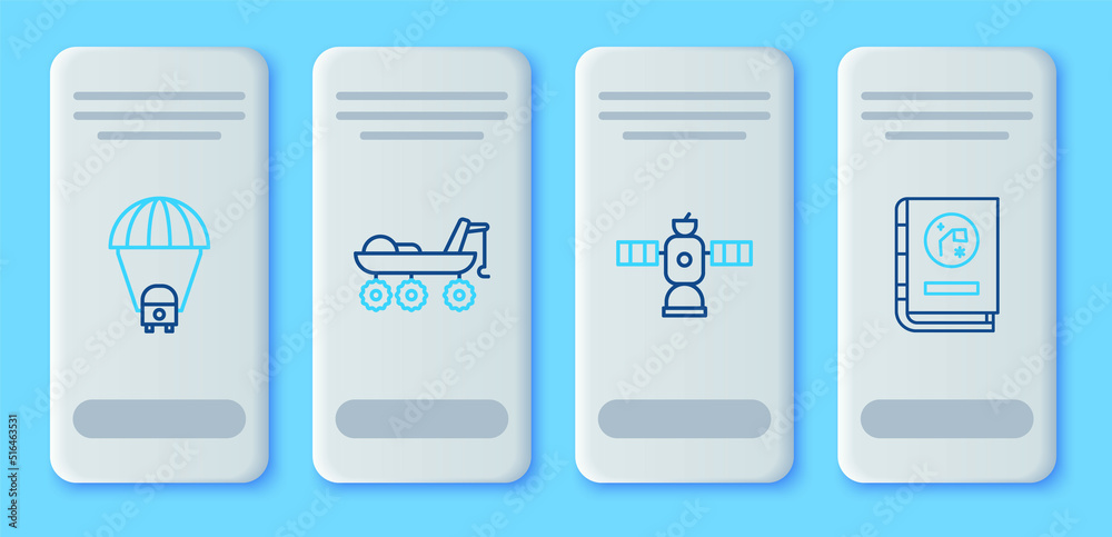 Set line Mars rover, Satellite, Planet Saturn and Book by astronomy icon. Vector Set line Mars rover, Satellite, Planet Saturn and Book by astronomy icon. Vector