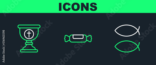 Set line Christian fish, chalice and Candy icon. Vector