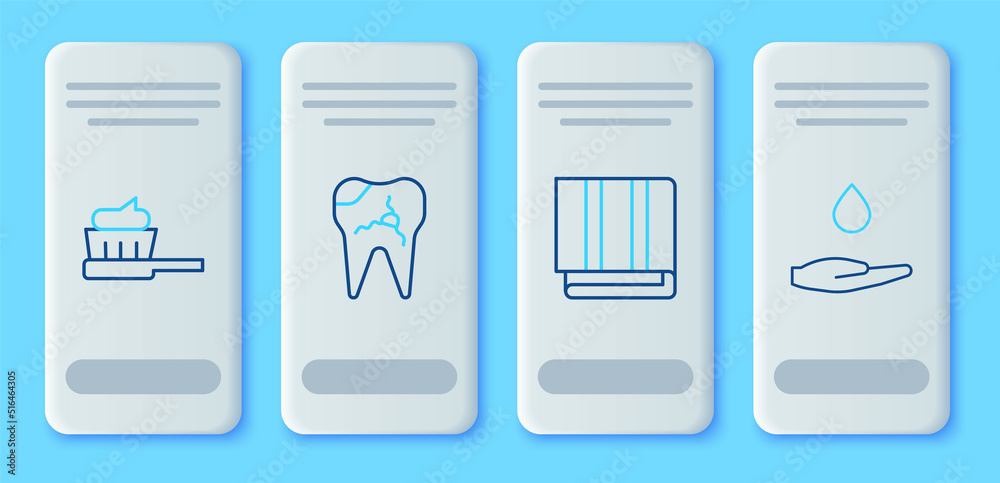 Set line Broken tooth, Towel stack, Toothbrush with toothpaste and Washing hands soap icon. Vector