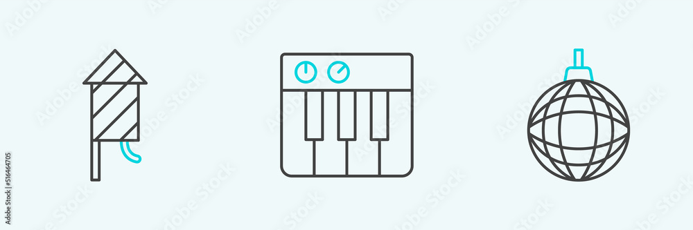 Set line Disco ball, Firework rocket and Music synthesizer icon. Vector Set line Disco ball, Firework rocket and Music synthesizer icon. Vector