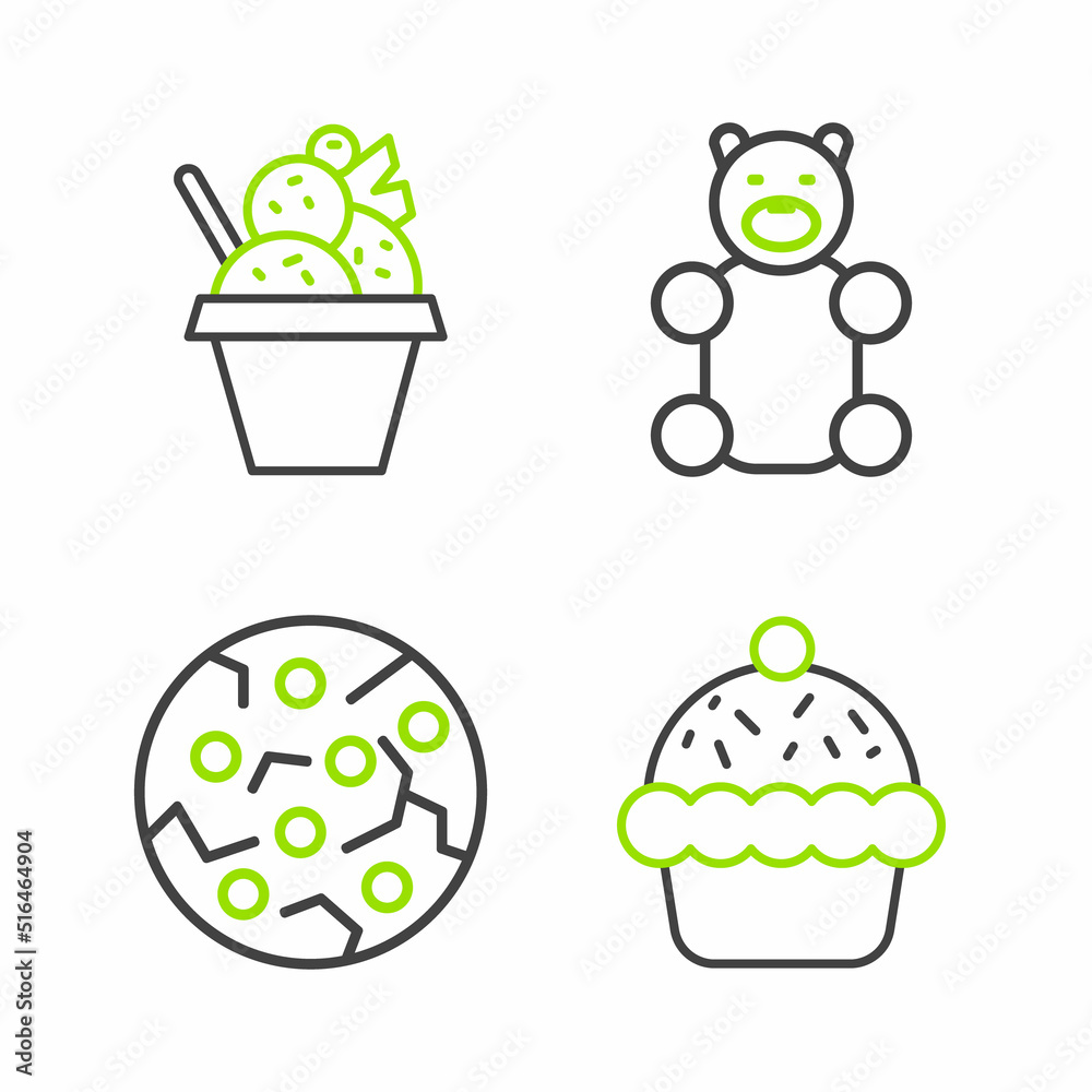 Fototapeta premium Set line Cupcake, Cookie or biscuit, Jelly bear candy and Ice cream in bowl icon. Vector