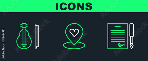 Set line Marriage contract, Violin and Location with heart icon. Vector
