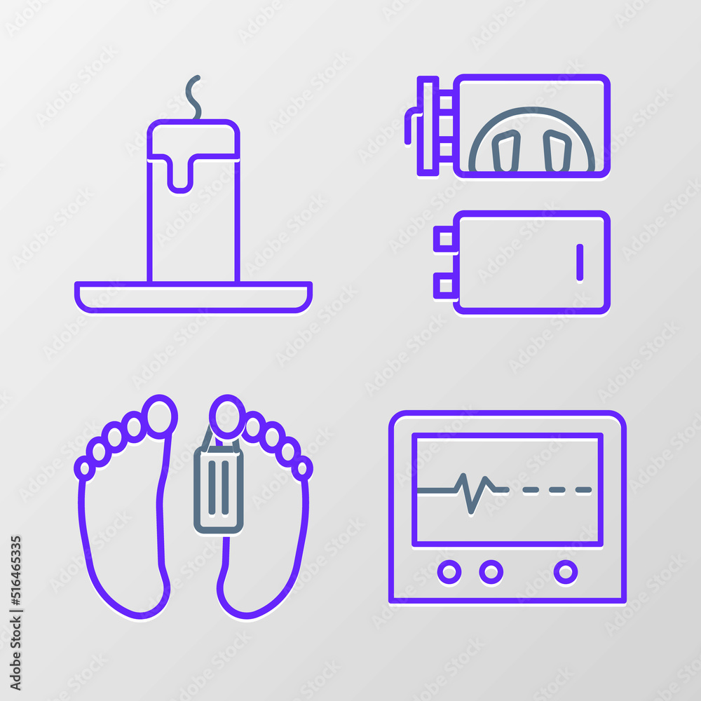 Set line Beat dead in monitor, Dead body, Crematorium and Burning candle icon. Vector Set line Beat dead in monitor, Dead body, Crematorium and Burning candle icon. Vector
