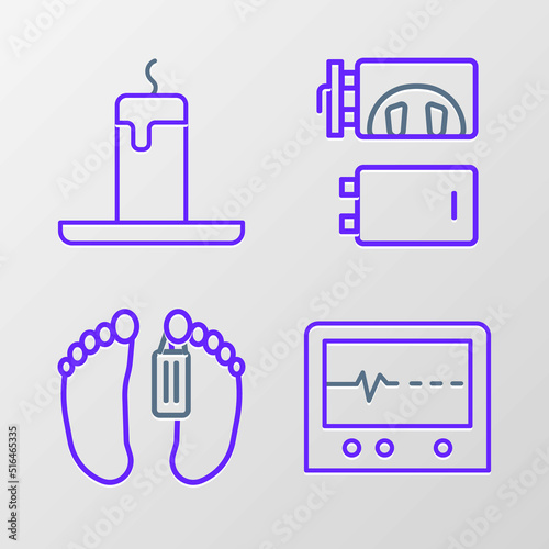 Set line Beat dead in monitor, Dead body, Crematorium and Burning candle icon. Vector