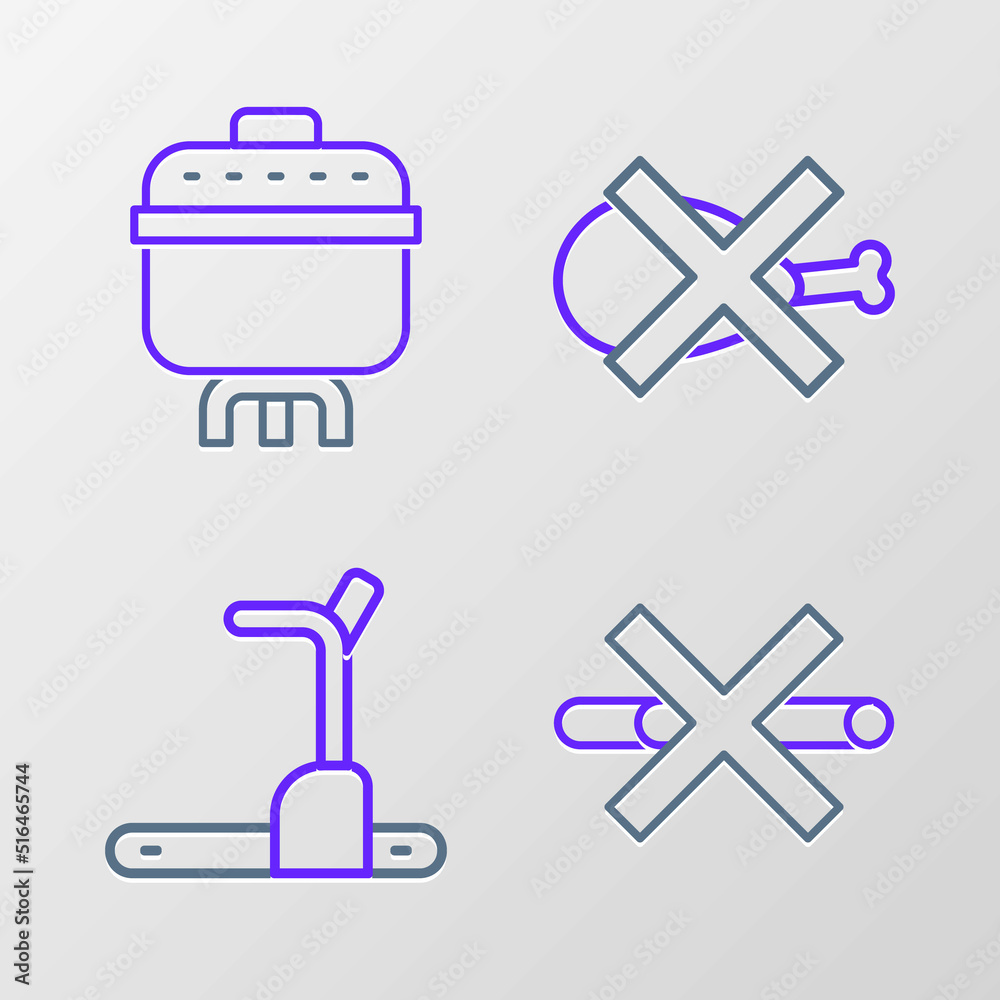 Set line No Smoking, Treadmill machine, meat and Cooking pot icon. Vector Set line No Smoking, Treadmill machine, meat and Cooking pot icon. Vector