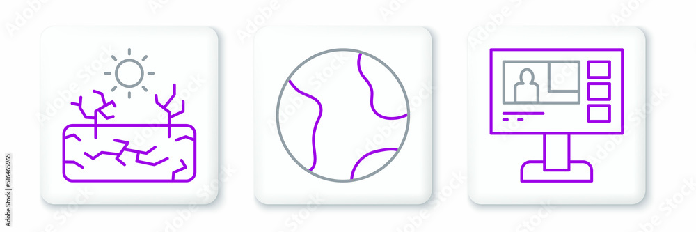 Set line Television report, Drought and Earth globe icon. Vector Set line Television report, Drought and Earth globe icon. Vector
