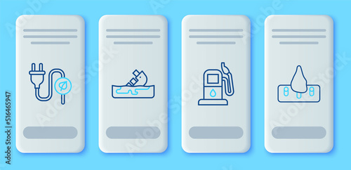 Set line Wrecked oil tanker ship, Petrol or gas station, Electric saving plug in leaf and Deforestation icon. Vector