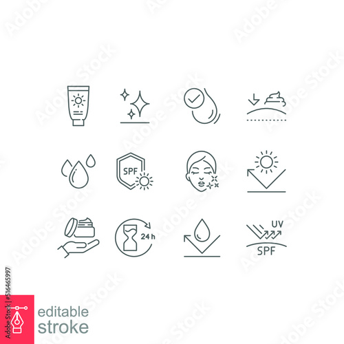 Care skin icon set. Face, skincare, sunscreen, cream, facial, clean, hair, routine, makeup, cleanser, scrub, uv, elasticity, pictogram, beauty concept. thin line symbol vector editable stroke EPS 10