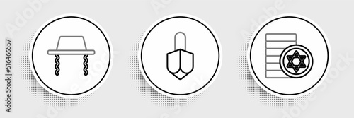 Set line Jewish coin, Orthodox jewish hat and Hanukkah dreidel icon. Vector
