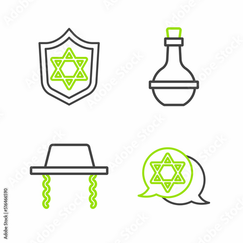 Set line Star of David, Orthodox jewish hat, Jewish wine bottle and Shield with icon. Vector