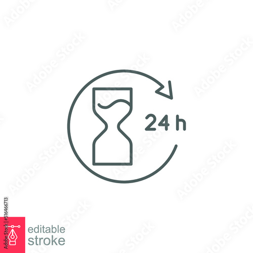 24 hour icon. Simple outline style. Around the clock work service or support, open anytime 7 day, alway time help line concept. Vector illustration isolated on white background. Editable stroke EPS 10
